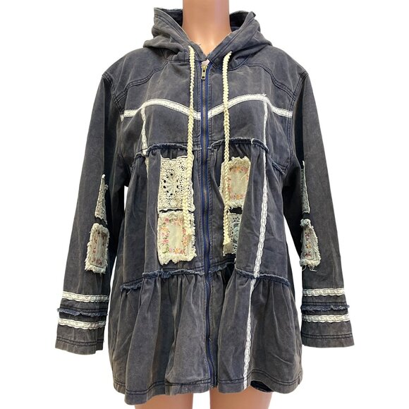 Z-1. POL Clothing Vintage Washed Embroidered Patch Flared Jacket Antique Navy - Picture 6 of 10